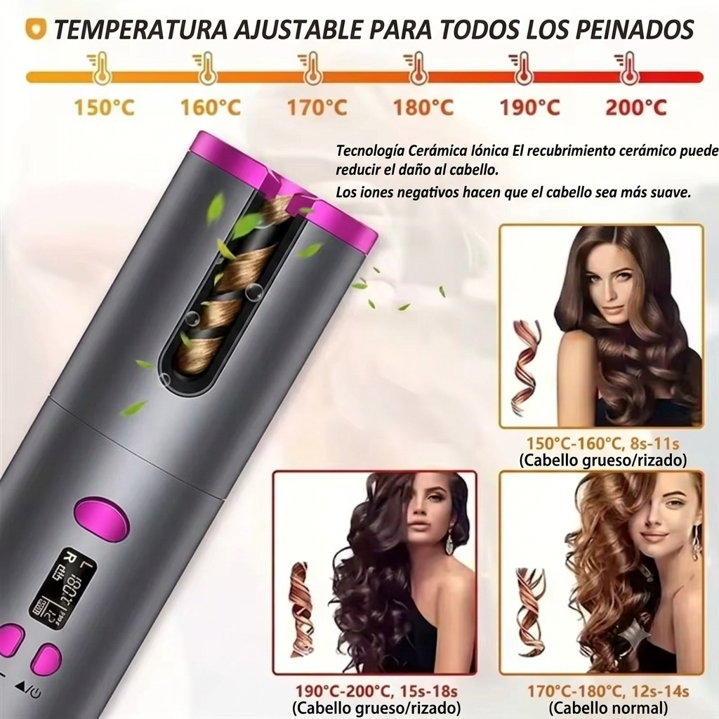 Moldeador de Rizos Automático Inalámbrico con Control de Temperatura
