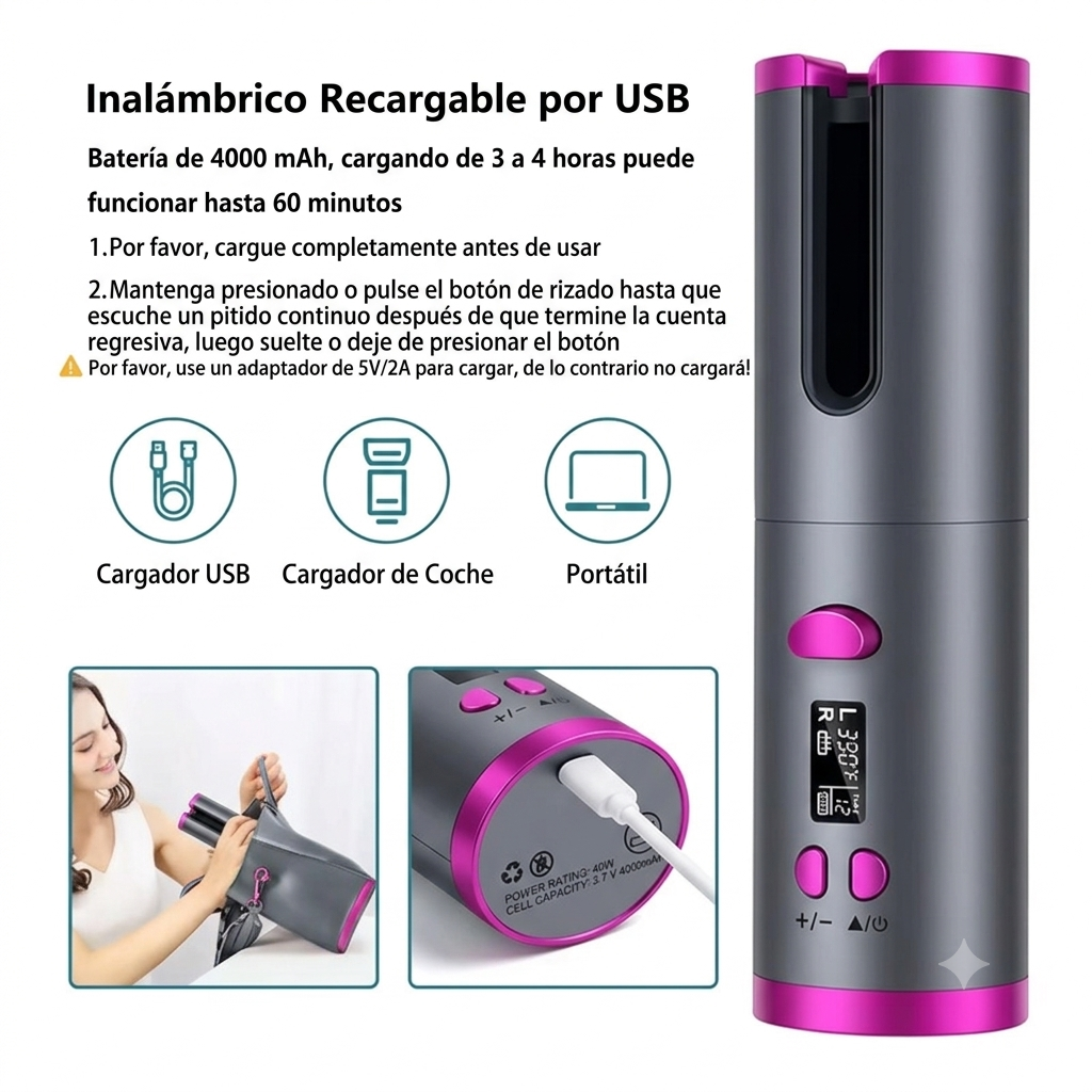 Moldeador de Rizos Automático Inalámbrico con Control de Temperatura